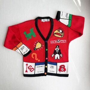 Eagles Eye sweater vtg Monopoly novelty print hand knit cardigan L